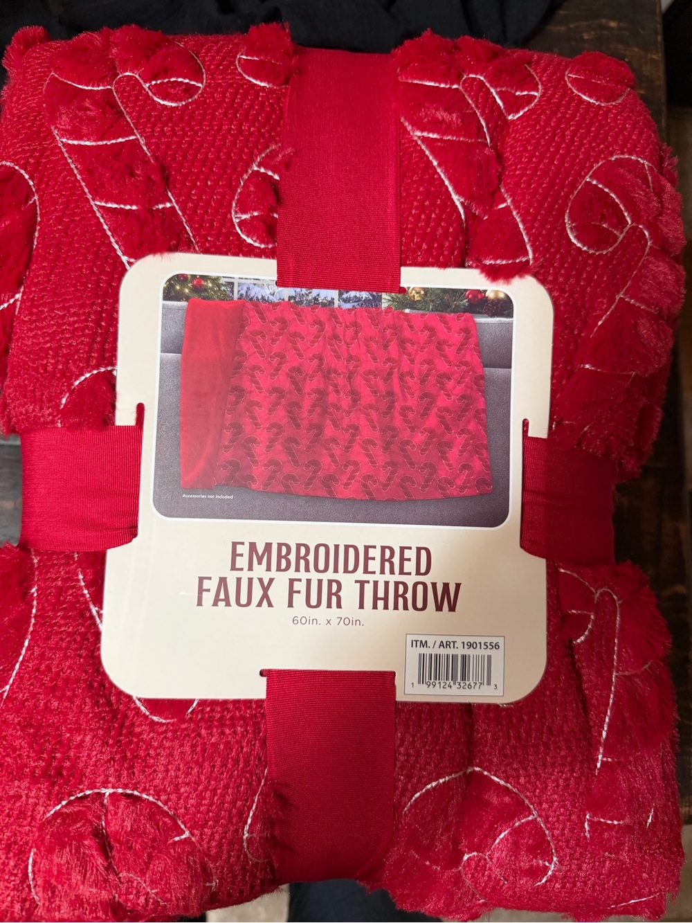 Bright Red Embroidered Faux Fur Candy Cane Throw